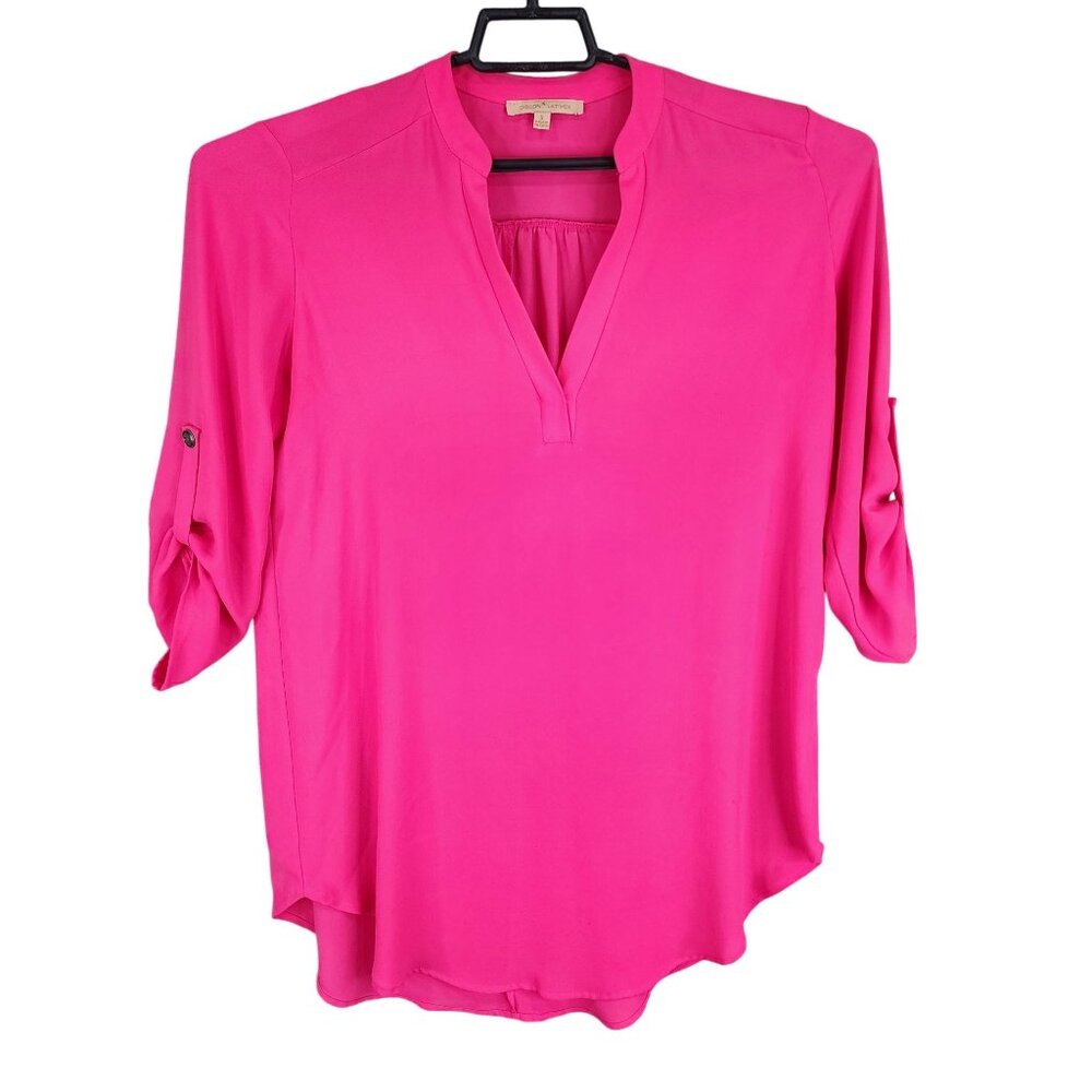 Womens Gibson Latimer Pink Blouse Top Roll Up Sleeves V Neck Polyester Size S